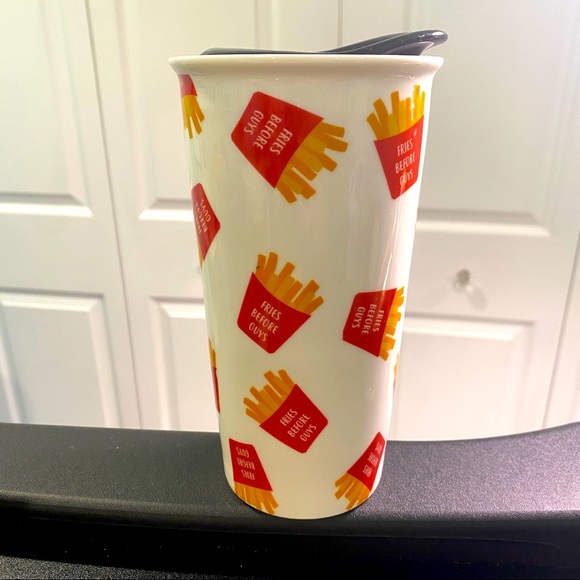 "Fries Before Guys" Travel Mug Porcelain BFF Tumbler Cup with Lid - Picture 1 of 10